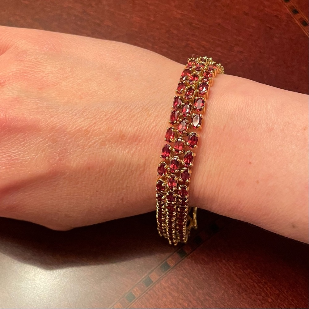 14k Yellow Gold Plated Sterling Silver Wide Genuine Garnet Statement Bracelet